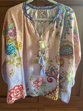 Johnny Was Blush Floral Paisley Tie-Neck Blouse with Tassels